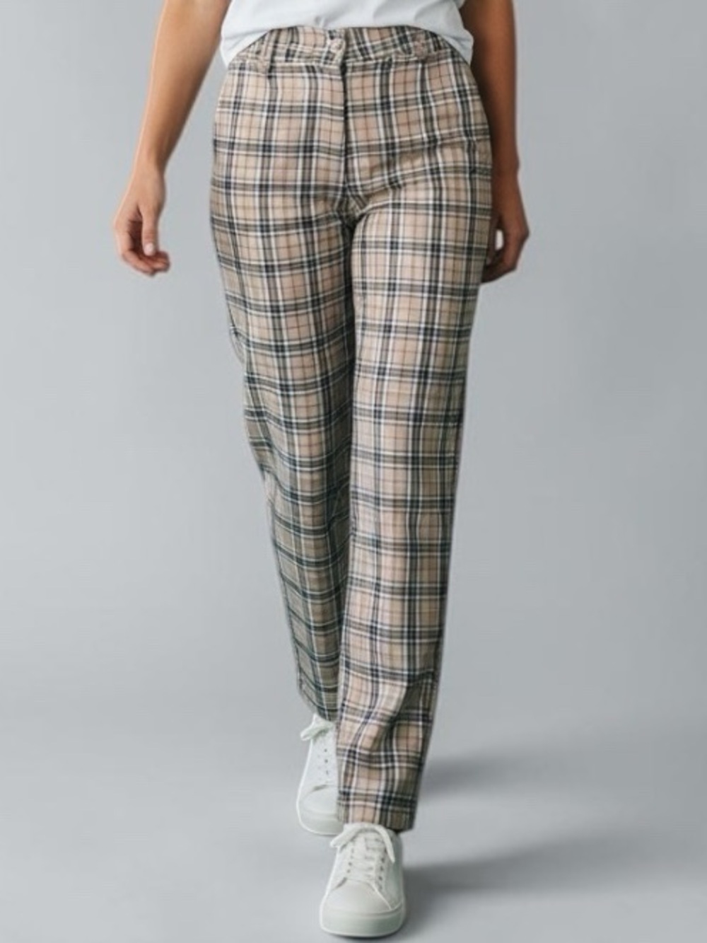 Nasty Gal Beige Plaid Straight-Leg Pants